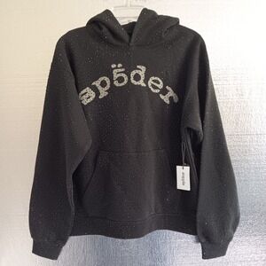 Sp5der Webstone AOP Hoodie Womens S Black New Rhinestone Logo SS45FW24BLK-S/S